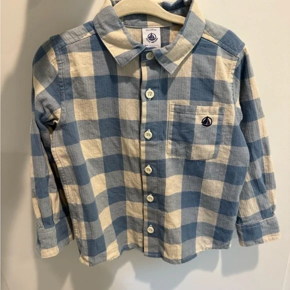 Petit Bateau Blue and Cream Plaid Kids Shirt - Picture 1 of 4